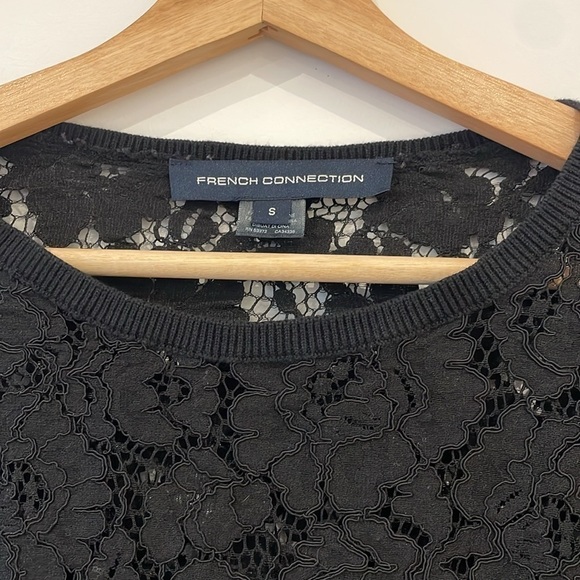 French Connection Lassia Cupro Lace Yoke Top Knit Sweater Black Small S - Picture 6 of 6